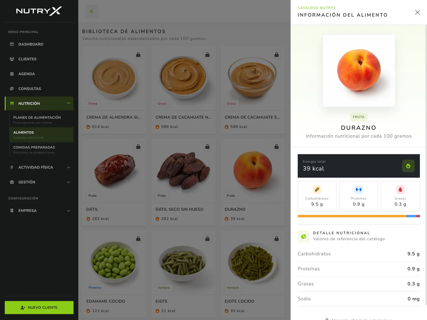 Ficha de un alimento con energía y macronutrientes dentro de Nutryx