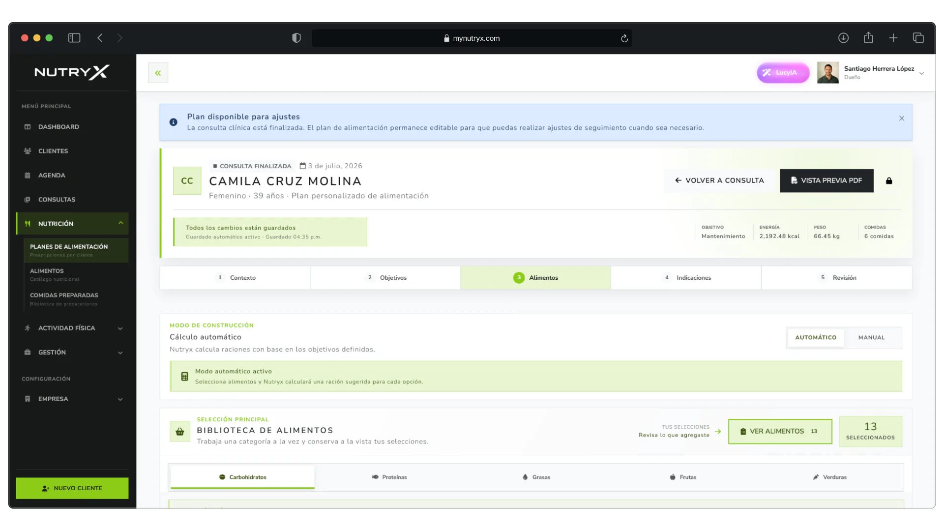 Constructor de planes de alimentación de Nutryx