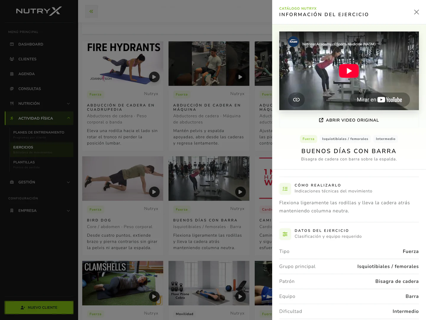Ficha de ejercicio con video, técnica, clasificación y equipo